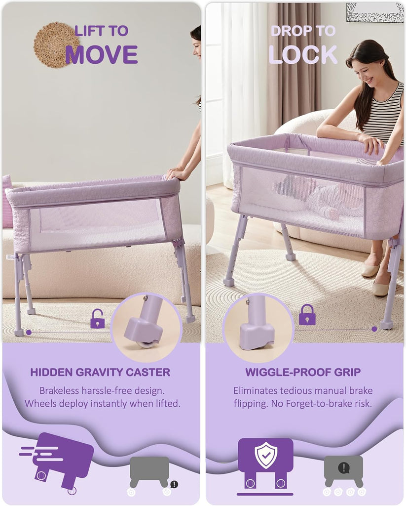 Bassinet Bedside Sleeper for Baby, 2 in 1 Baby Crib for Newborn, Bedside Bassinet with 4 Auto-Lock Wheels &