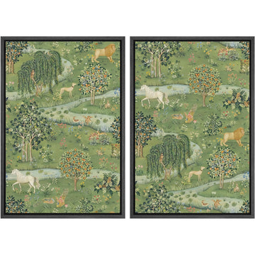 Framed Canvas Print Wall Art Set Enchanted Woodland Meadow with Lions, Unicorns, and Forest Wildlife Illustrations