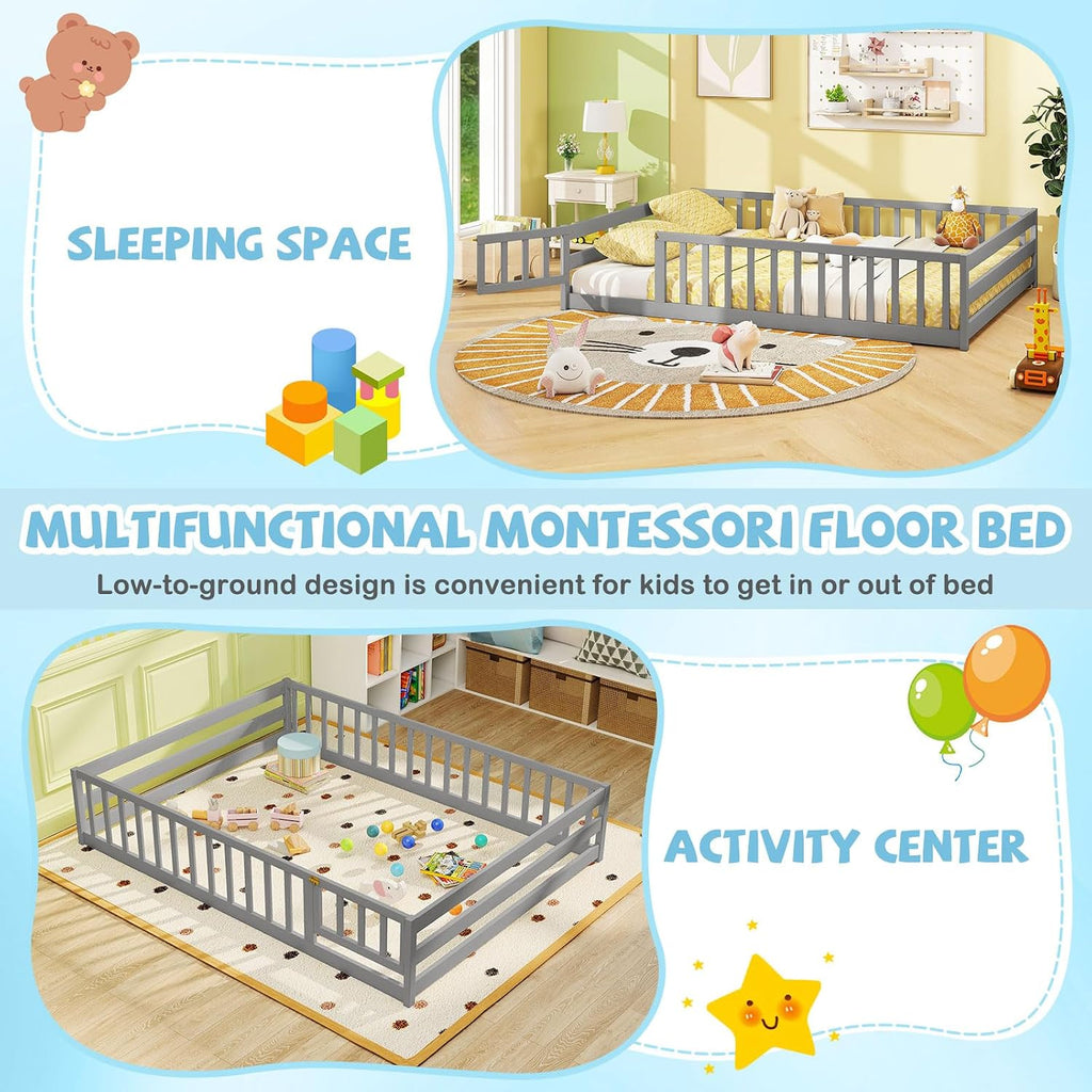 Full Floor Bed with Door & Fence, Kids Wood Montessori Beds with Safety Guardrails, Floor Bed Twin for Kids, Boys