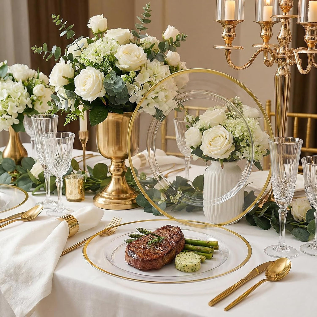 Disposable Gold Charger Plates, 12inch Clear Chargers with Gold Trim - Set of 25