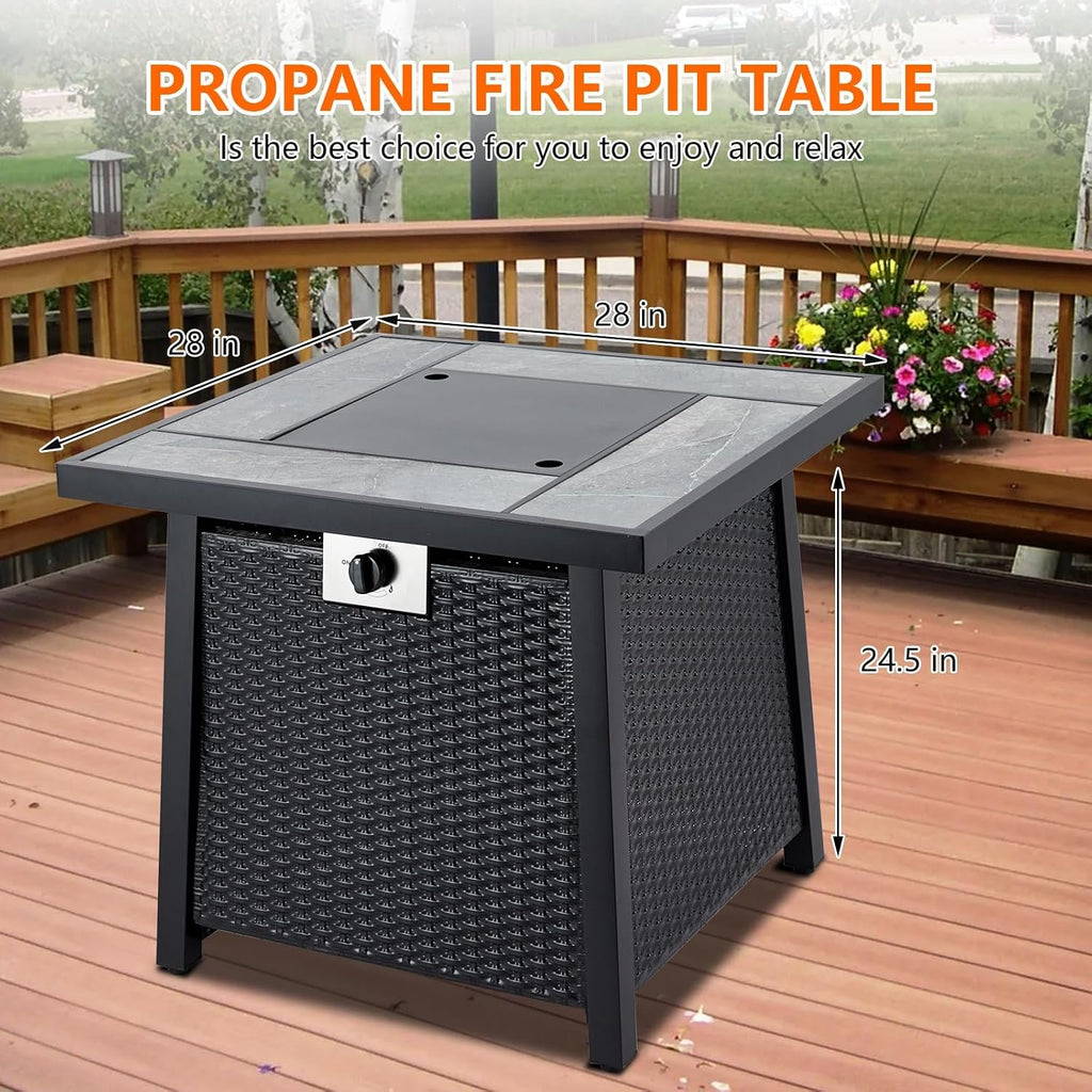 28 Inch Propane Fire Pit Table, 50000BTU Rectangle Fire Table with Cover, Sturdy Steel and Iron Fence Surface, CSA