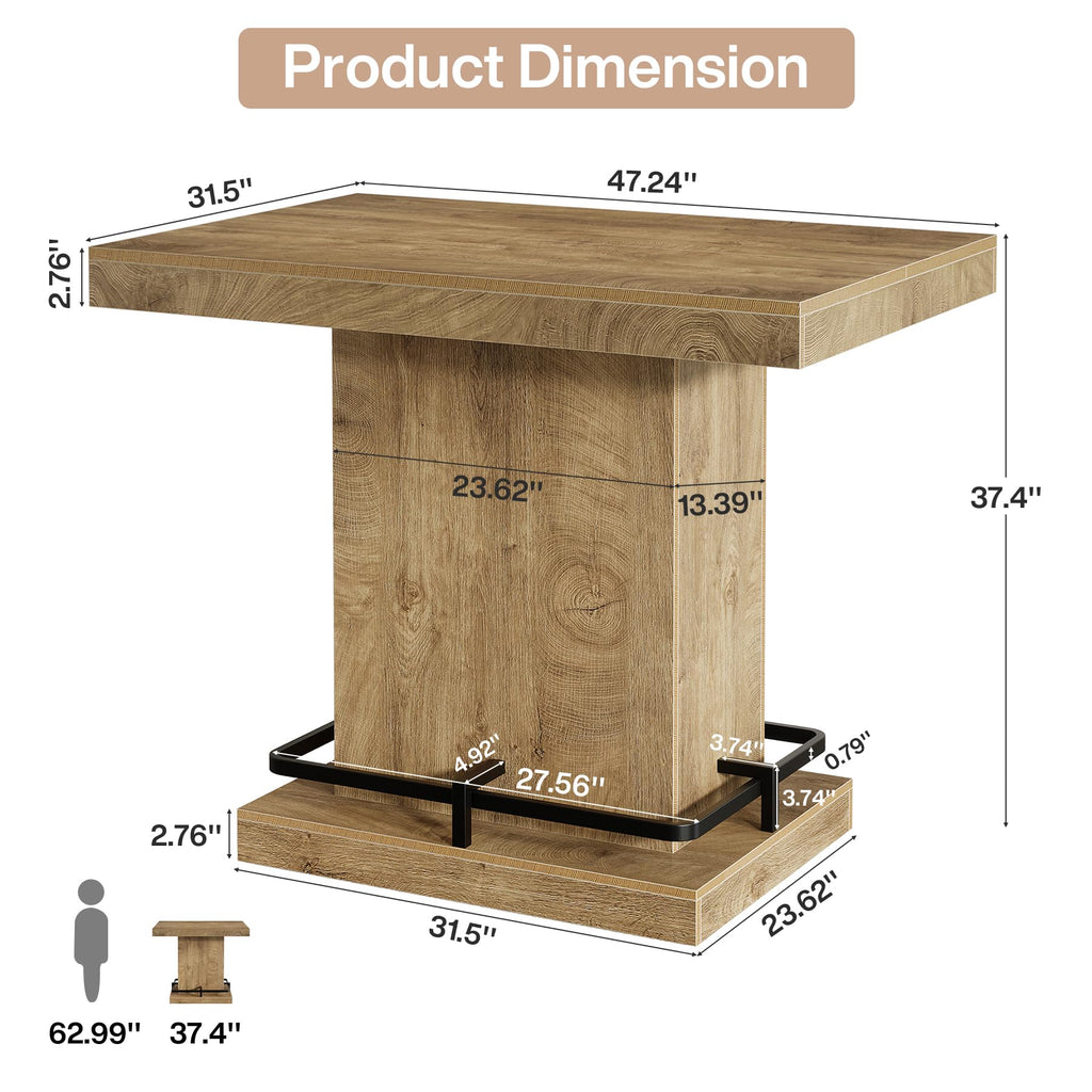 47" Bar Table, Industrial Bistro Pub Table with Metal Footrest, Rectangular Counter Height Table for Small Bar