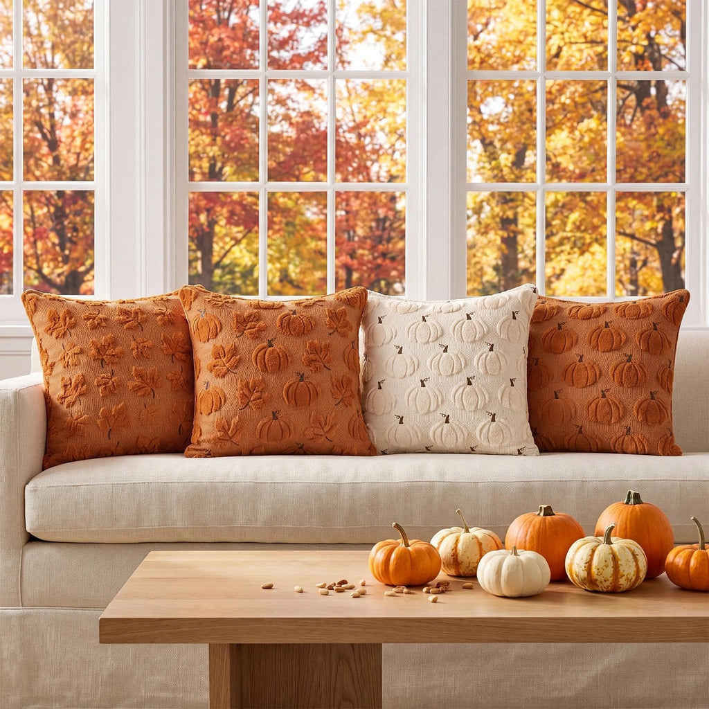 Fall Throw Pillow Covers 18x18 Set of 2 Rust Orange Pumpkin Decor