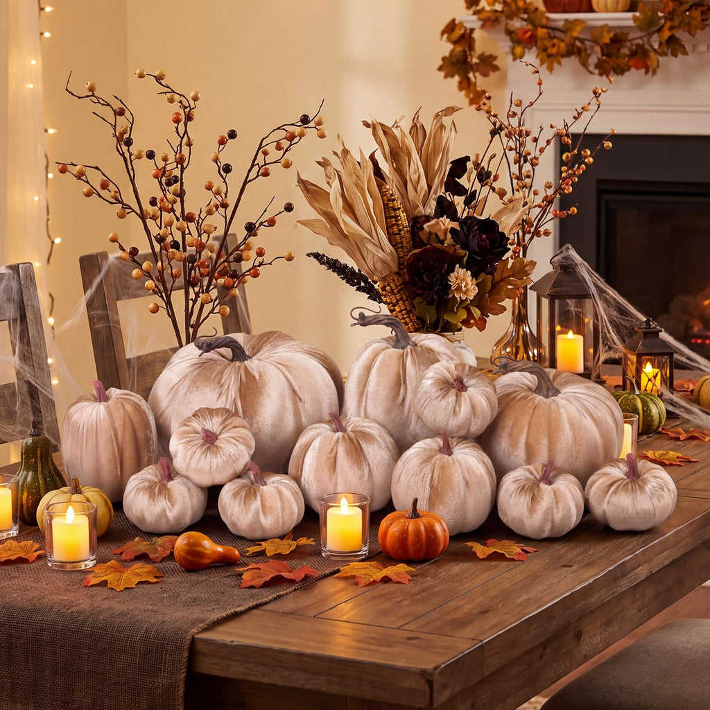 12 Pcs Artificial Large Velvet Pumpkins Fake Champagne Pumpkin