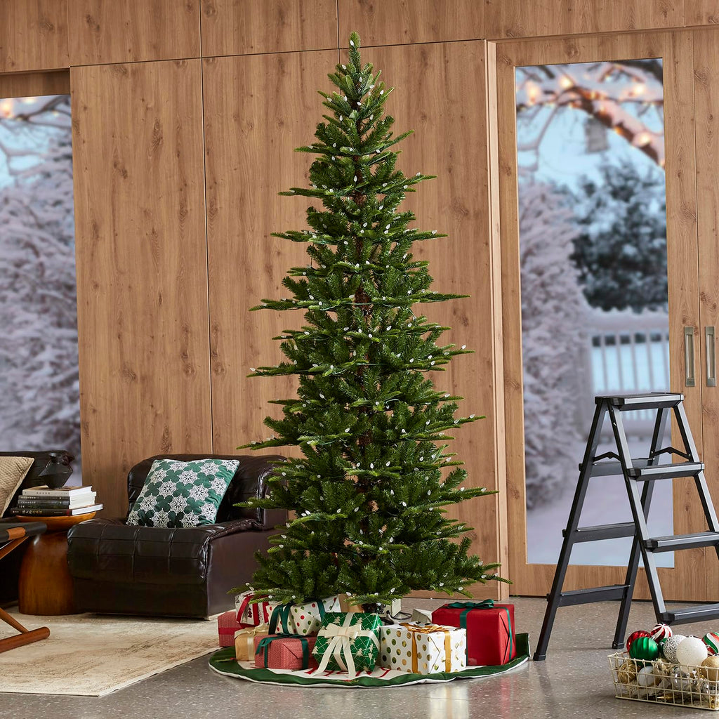 7.5ft Artificial Prelit Christmas Tree, Cascade Evergreen Slim Christmas Tree with 350 Strawberry Lights, 998 PE&PVC