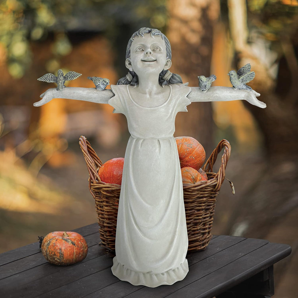 Basking in Glory Little Girl with Birds Outdoor Garden Statue, Medium, 16 inches tall, Cast Stone Resin, Two Tone