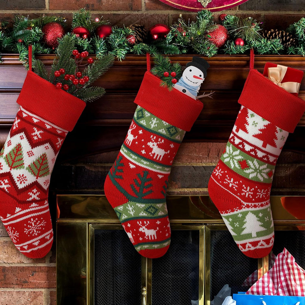 Inch Christmas Stockings Bulk Knit Large Stockings Christmas Knitted Rustic Holiday Tree Reindeer Snowflake - Set of 6