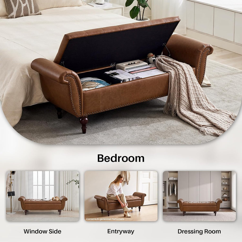 63.8" Storage Bench Faux Leather End Of Bed Bench With Storage | Upholstered Ottoman Foot Rest With Rolled Arms