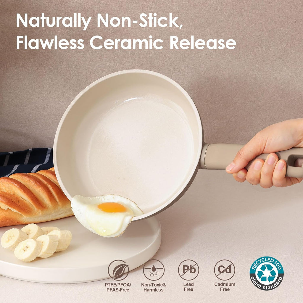 Ceramic Nonstick Pots and Pans Set 17pcs Taupe | Healthy nontoxic ceramic coating, compatible with all stoves