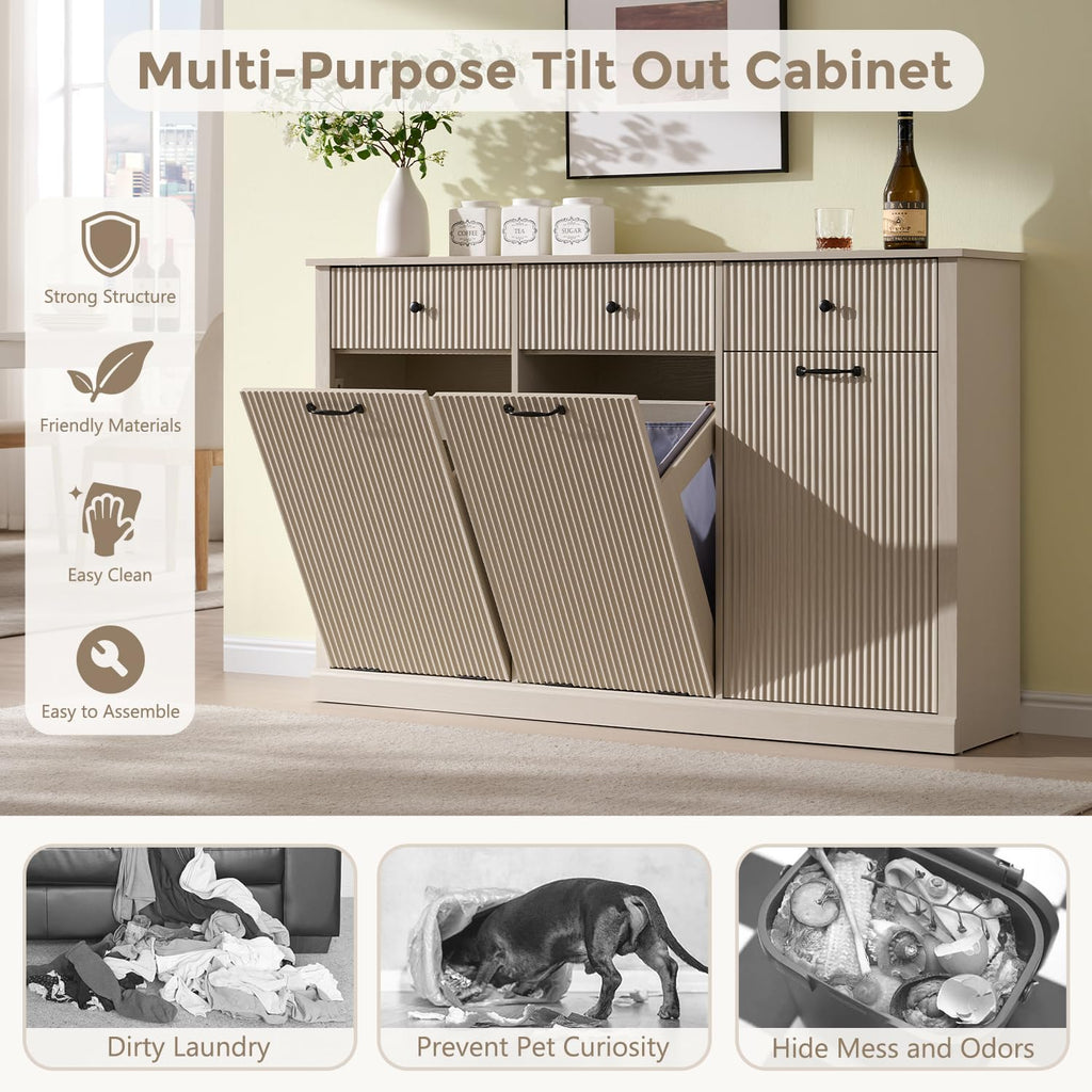 Triple Tilt Out Laundry Hamper Cabinet, Trash Can Cabinet, Cream
