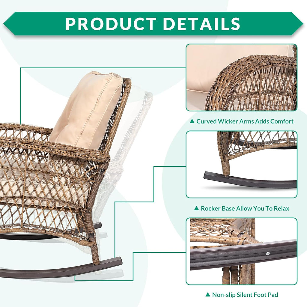 Outdoor Wicker Rocking Chair, Patio Rattan Rocker Chair with Cushions & Steel Frame, All-Weather Rocking Lawn Wicker