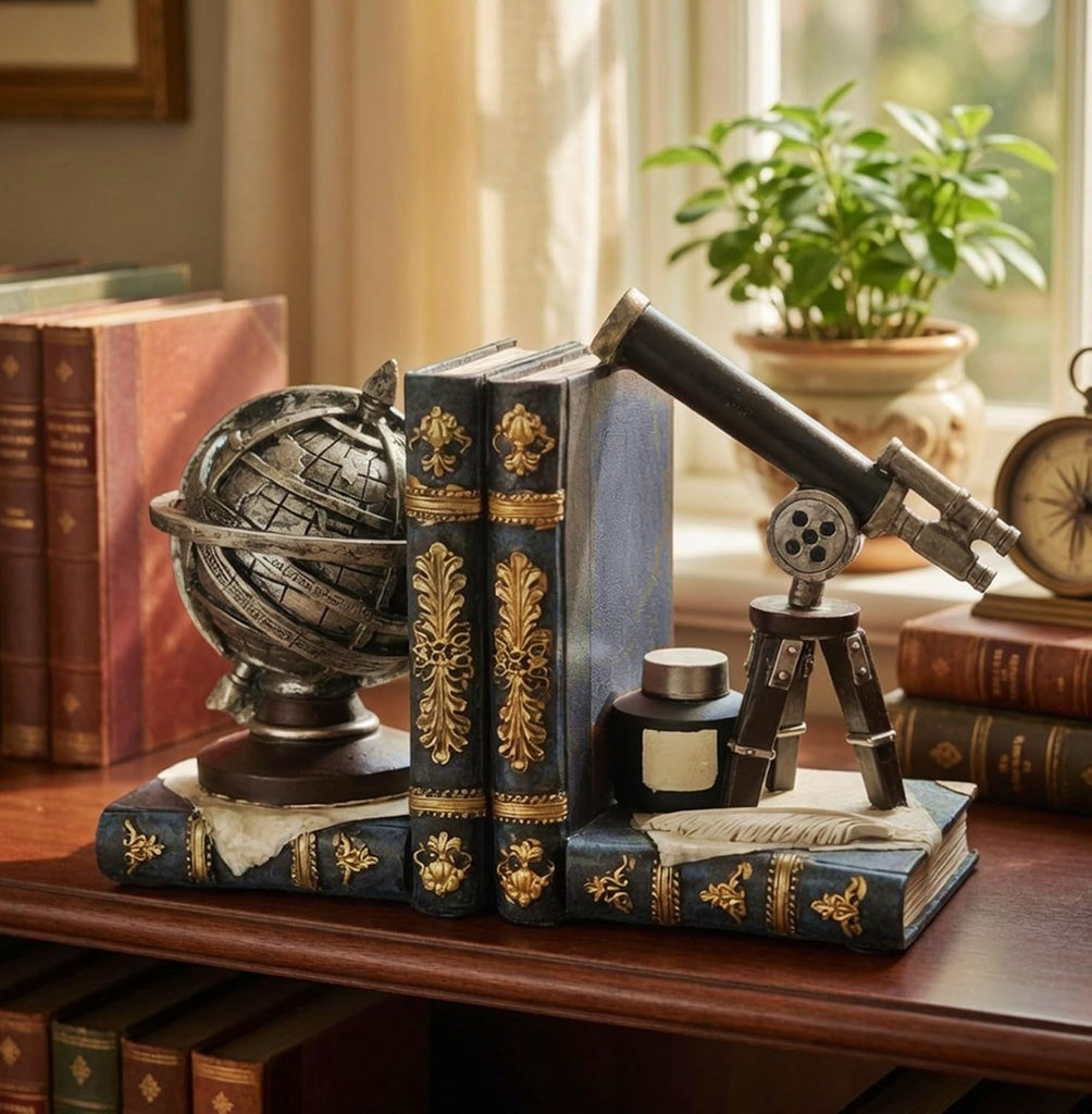 Galileo Bookends, Telescope, Globe, Armillary Sphere, Astronomy - Set of 2