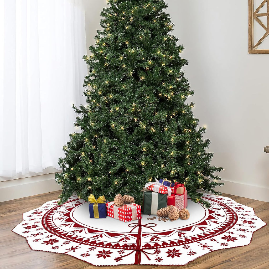 Christmas Tree Skirt 60 Inch, Knit Red Tree Skirt with Poinsettia Pattern, Rustic Double-Sided Large Knitted Xmas