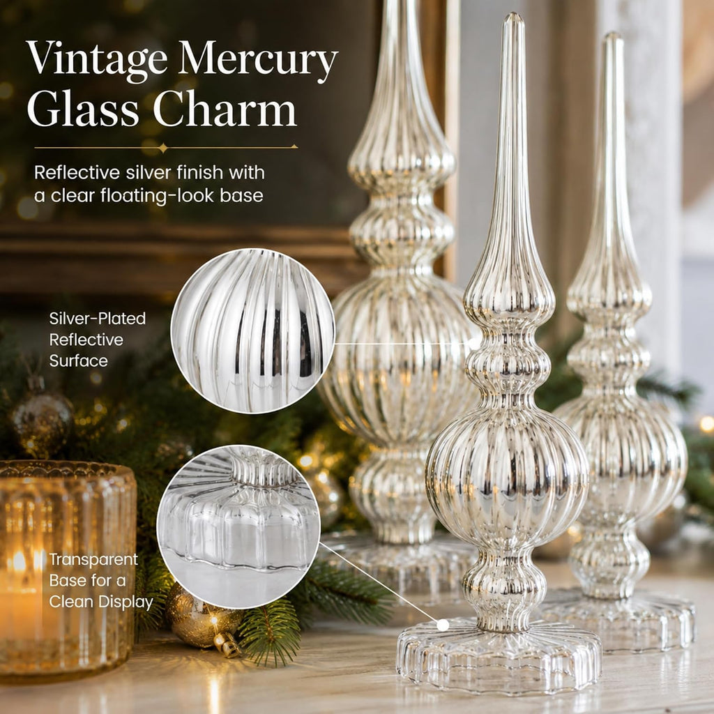 Set of 3 Mercury Glass Finial Christmas Figurines, Silver