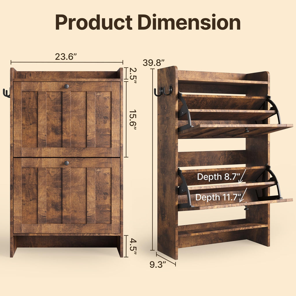 Narrow Shoe Storage Cabinet with 2 Flip Drawers, Retro