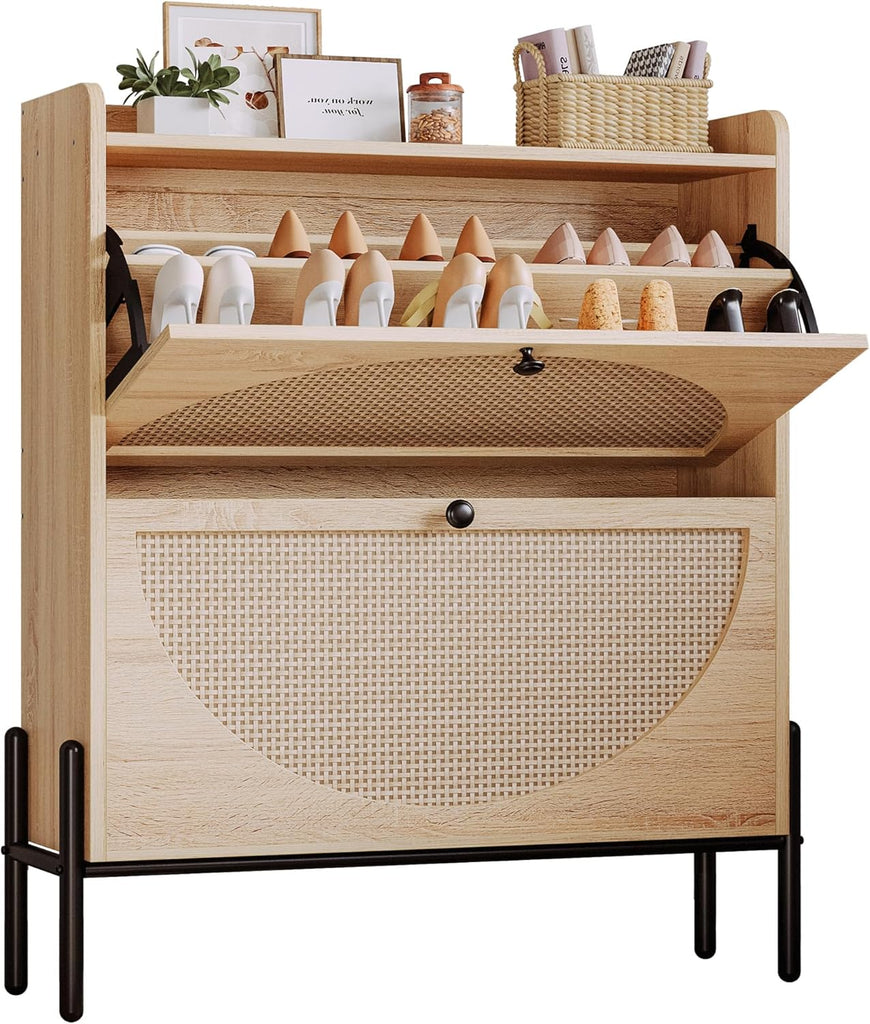 Shoe Cabinet Storage with 2 Flip Drawers, Free Standing Wooden Shoe Storage Organizer Cabinet with Rattan Doors