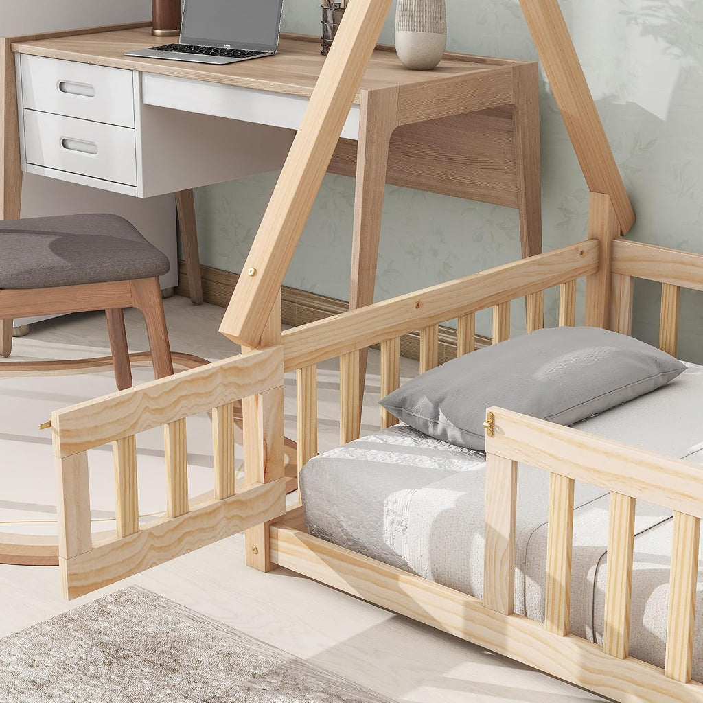 Twin Floor Bed for Kids Tent-Shaped Montessori Floor Bed with Slats and Guardrails Twin Size Wood Teepee Bed Frame