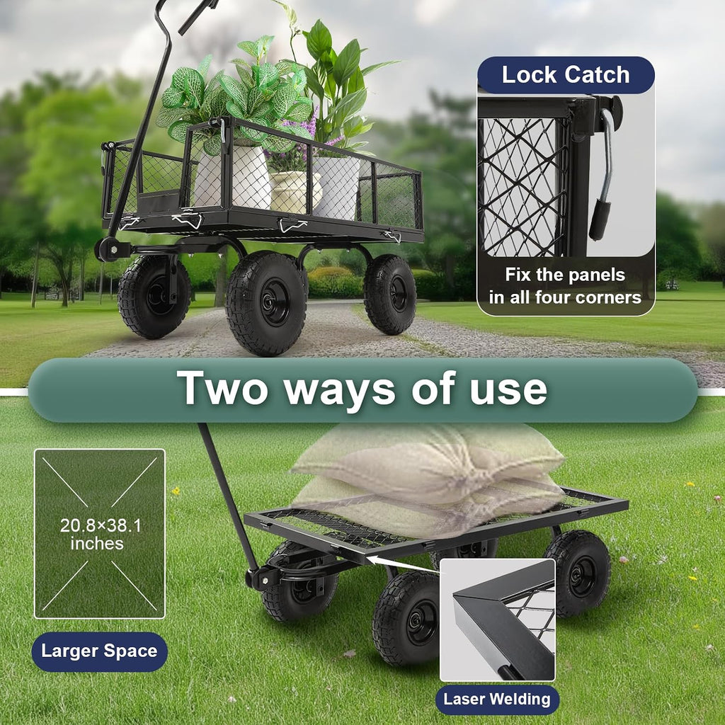 Heavy Duty Garden Wagon Cart - 880 LBS Steel Utility Cart with All-Terrain 3.50-4" Solid Wheels, 10" Tires, 180°