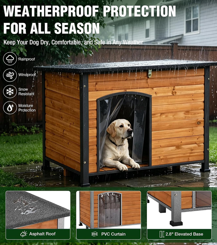 Large Dog House Outdoor with Iron Frame and Hinged Roof