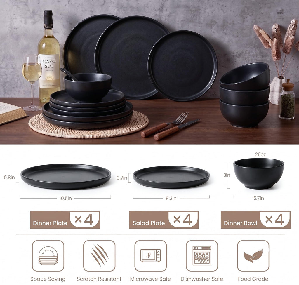 Stoneware Dinnerware Sets Service for 4, 12 pcs Plates and Bowls Set