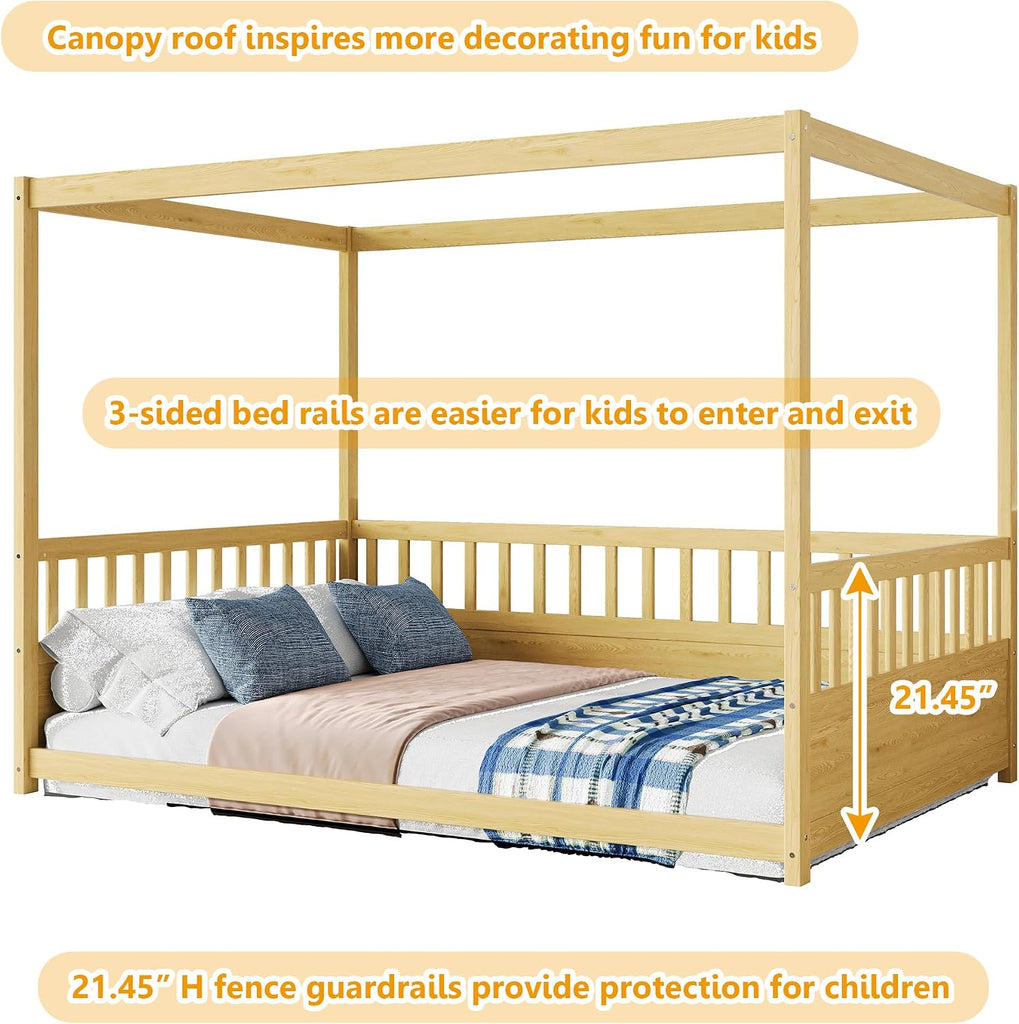 Canopy Bed Frame with 4 Posters and Guardrails, Montessori Floor Bed with High Fence, Natural