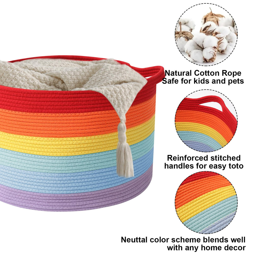 65L Large Blanket Basket, Rope Woven Laundry Basket-Rainbow