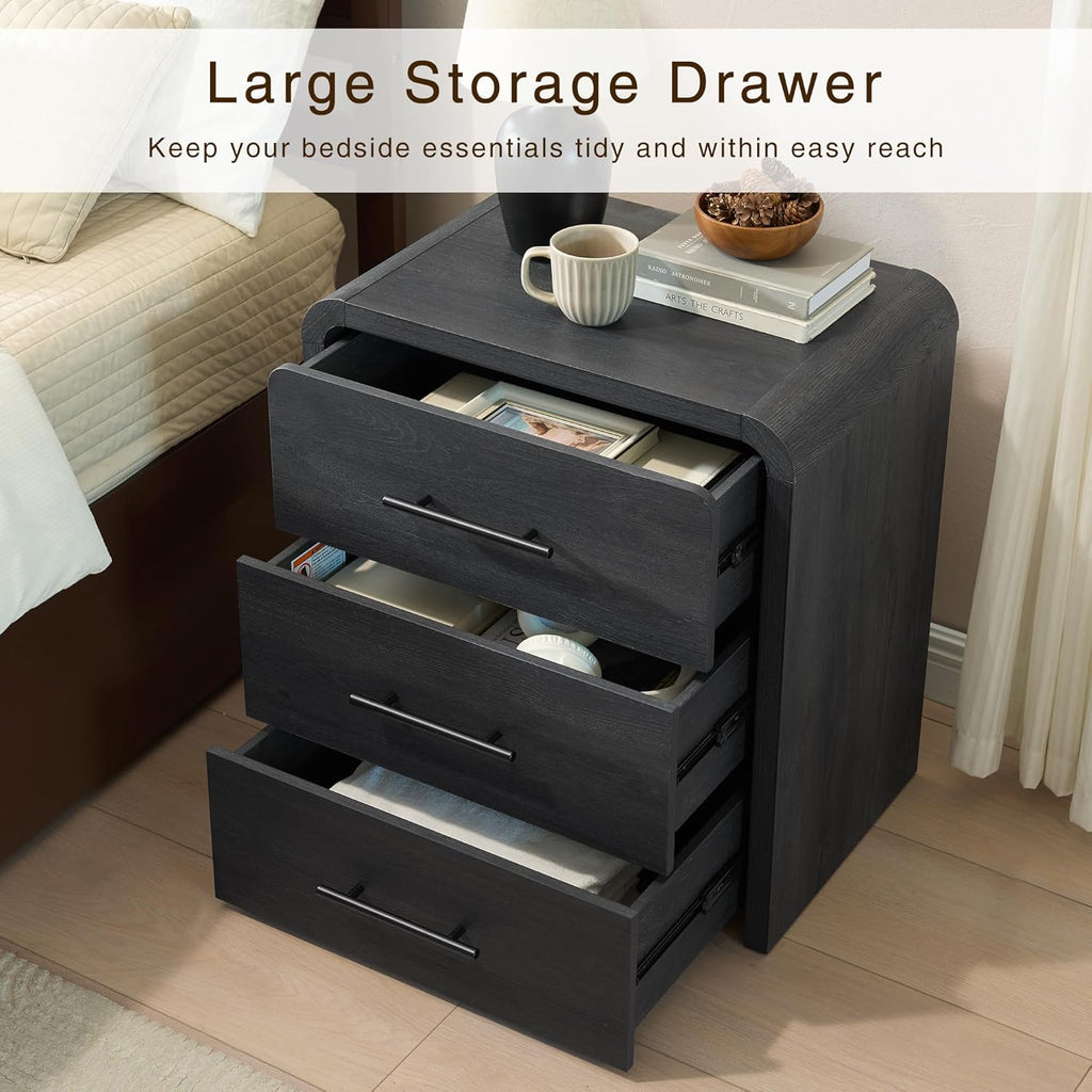 Nightstand Set of 2, 23.6" Modern Curved Nightstand with 3 Drawers, Wood Bedside Table , Large Storage End Table