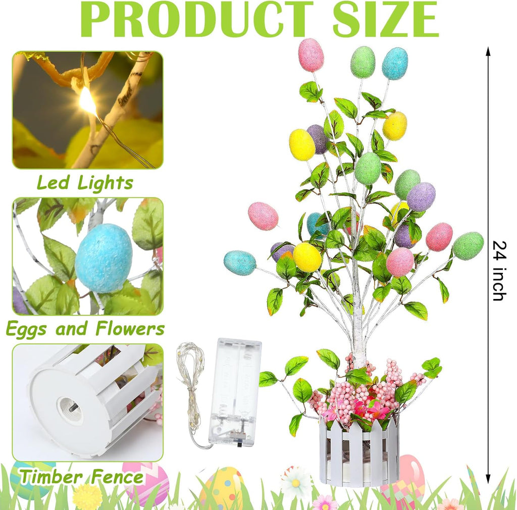24 Inch Tall Lighted Easter Egg Tree Tabletop Decoration with LED Light Indoor Glow Easter Egg Tree Table Decor Party