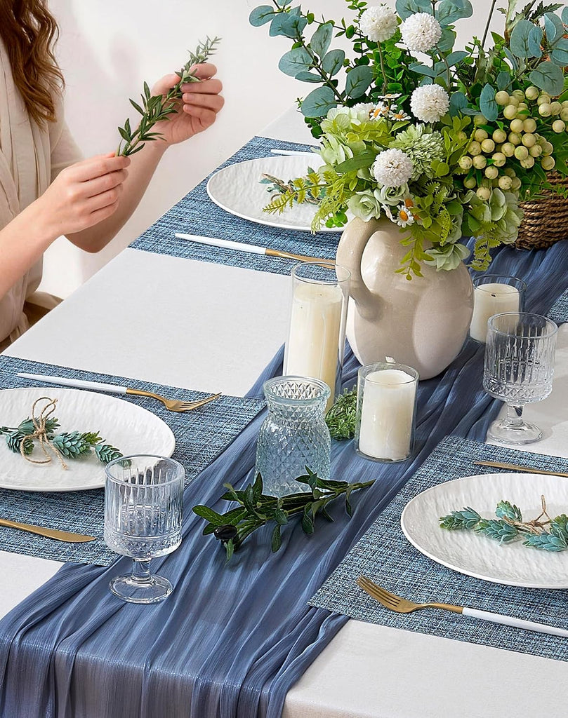 Deep Navy Woven Placemats - Heat Resistant Non-Slip Place mats for Dining Table, Washable Durable PVC Vinyl - Set of 6