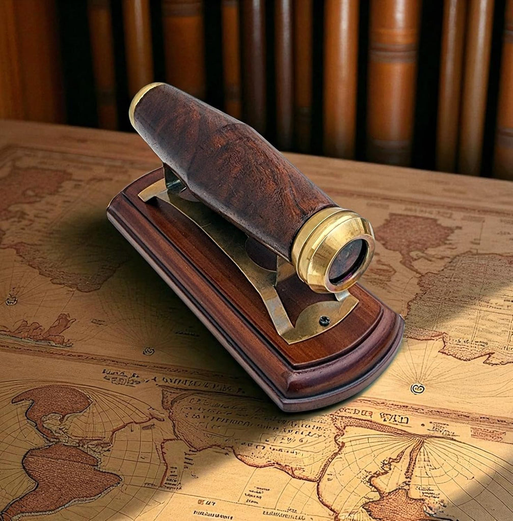 Handcrafted Brass Kaleidoscope with Premium Wooden Stand - Vintage-Inspired Kaleidoscope with Colorful Glass Patterns