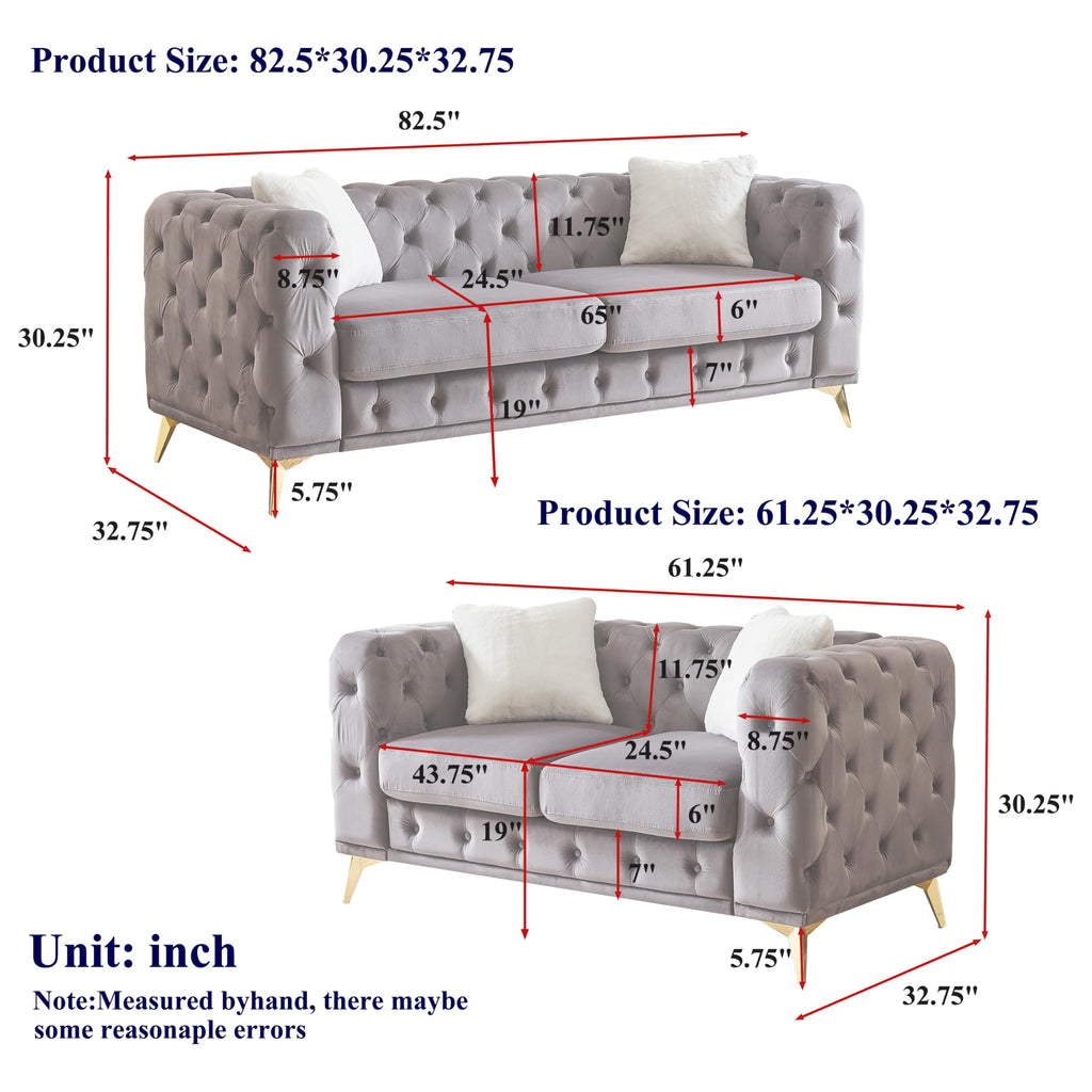 2-Piece Luxury Chesterfield Sofa Set with 1 3-Seater Sofa & 1 Loveseat Sofa, Mid-Century 5-Seater Tufted Button Couch