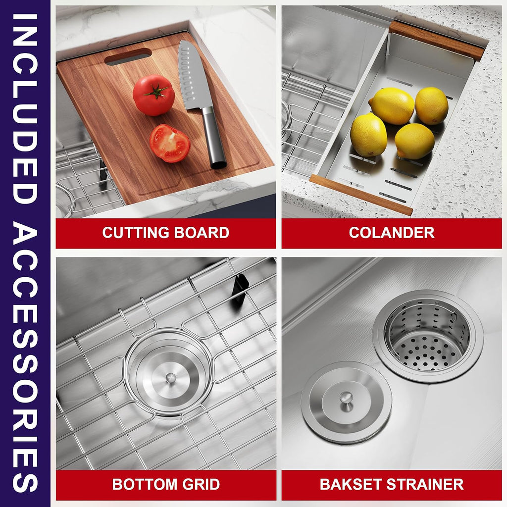 23 Inch Undermount Single Bowl Workstation Handmade Kitchen Sink | 304 Stainless Steel, 16 Gauge Thickness, X Line
