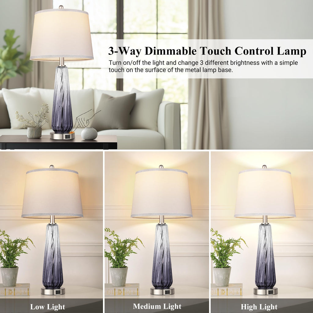 Glass Table Lamps Set of 2, Modern Bedside Lamps s with USB A+C Ports, 3-Way Dimmable Touch Control Nightstand Lamp