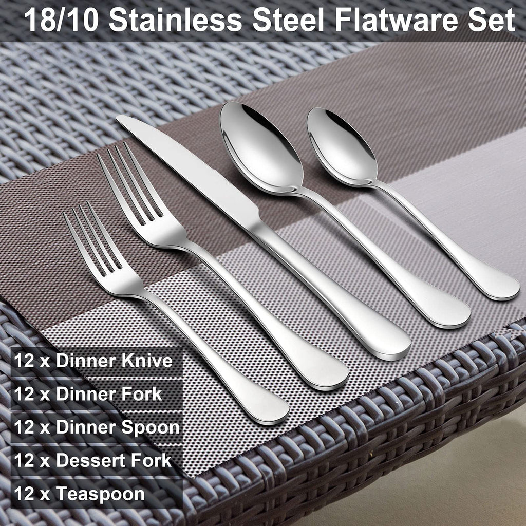 60-Piece 18/10 Stainless Steel Flatware Service for 12, Heavy Duty