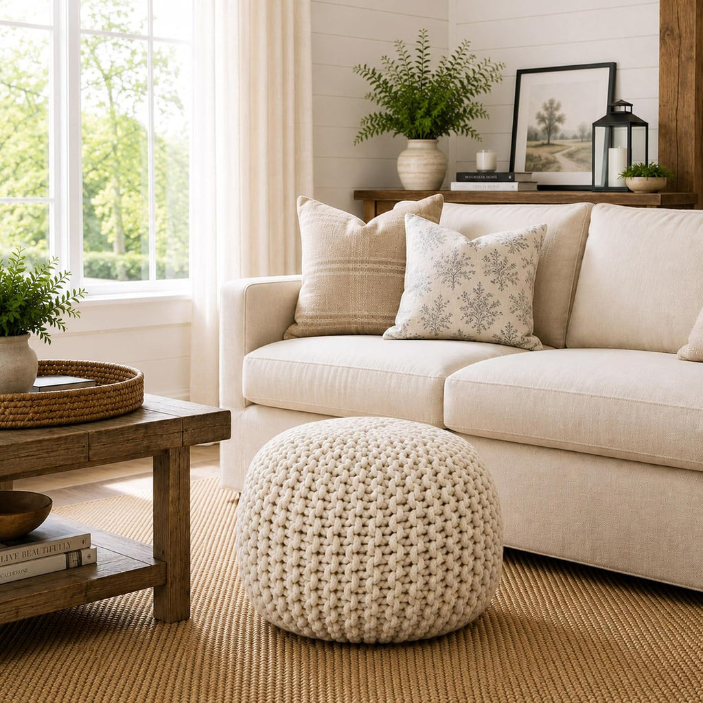 Round Pouf Ottoman, Natural - 20" Diameter x 14.5" High Cotton Knit Foot Stool - Boho Floor Pouffe