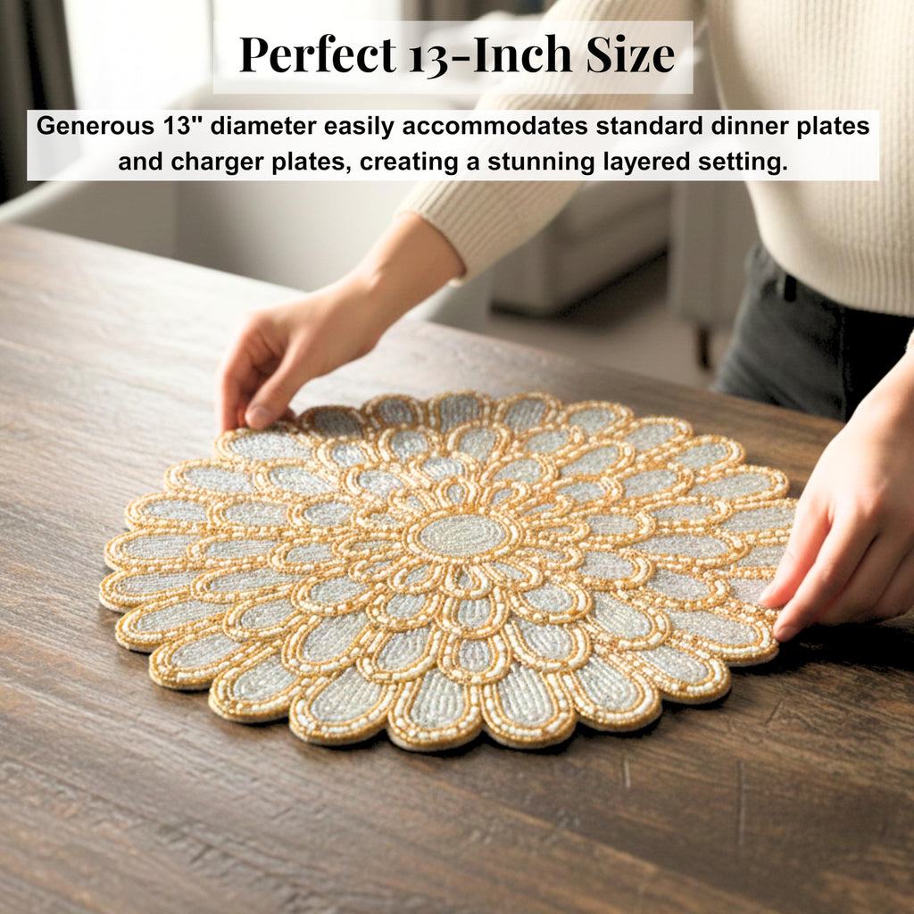 Beaded Placemats 13 Inch Ivory Gold Round Table Chargers