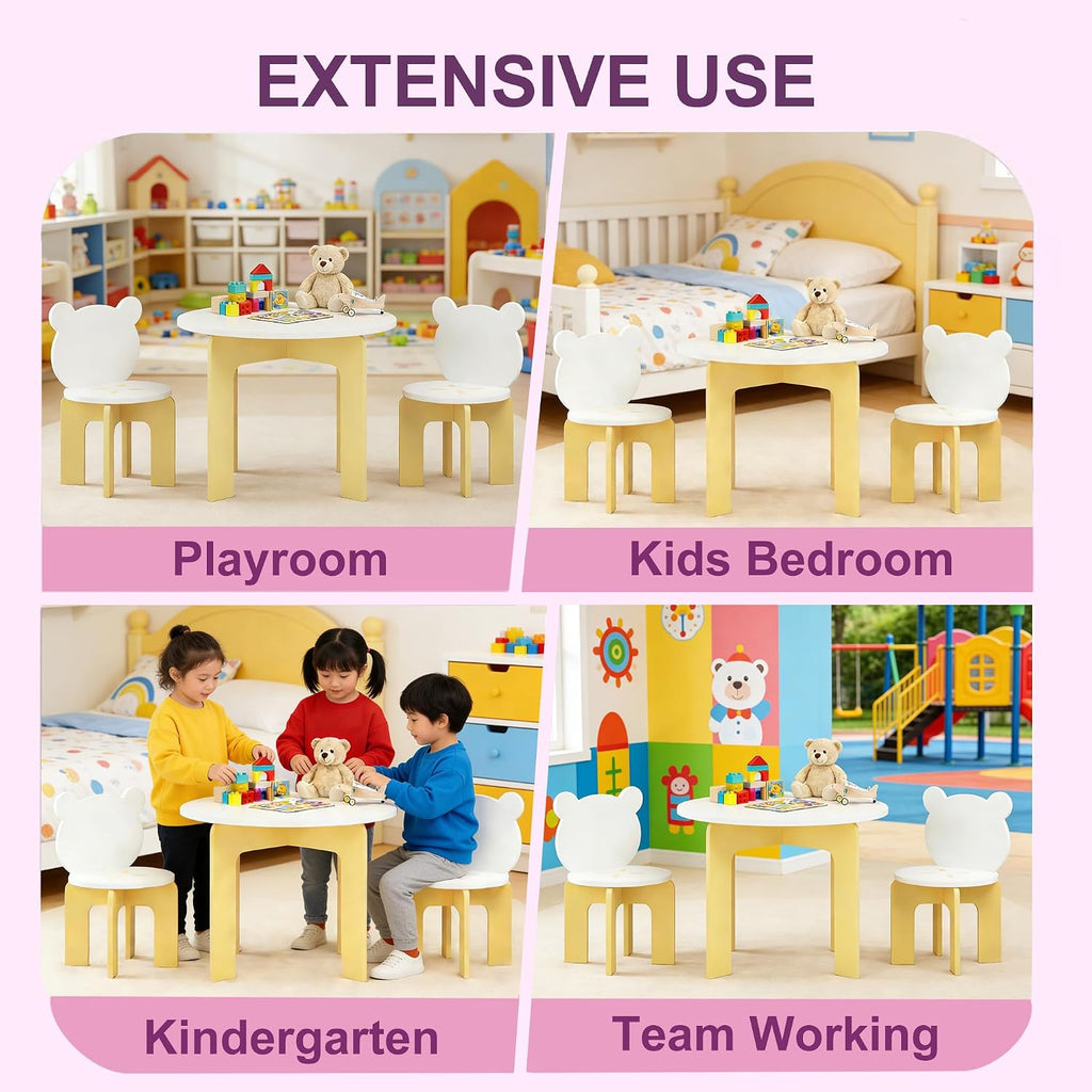 Piece Kids Table and Chair Set, Modern Wooden Toddler Table and 2 Cute Bear-Back Chairs, Round Activity Table Set
