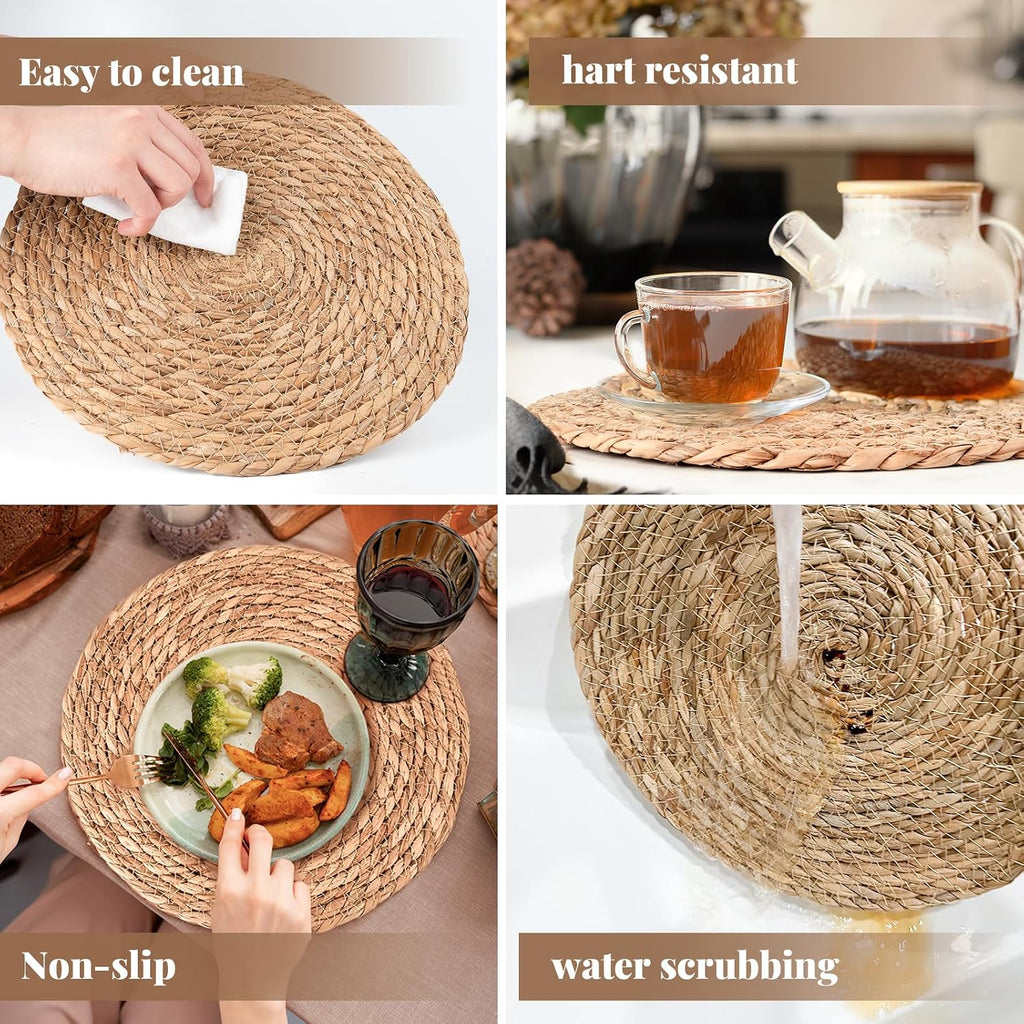 Round Woven Placemats, Rattan placemats, 13 Inch - Set of 6
