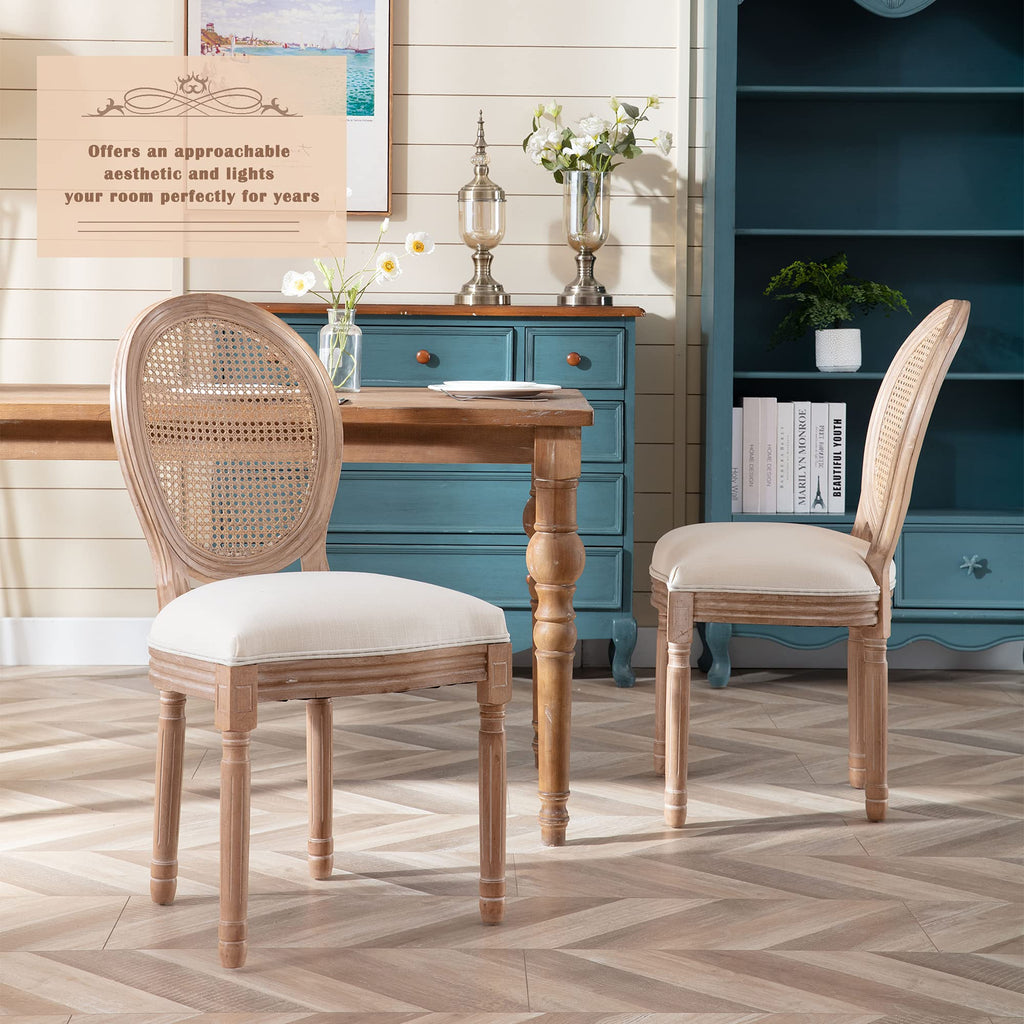 French Country Dining Chairs Set of 4, Farmhouse Fabric Chairs with Round Back, Rattan Dining Chair, Oval Side Chairs