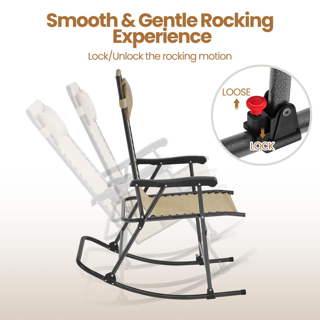 Patio Rocking Chair Folding Camping Chair with Pocket, Beige
