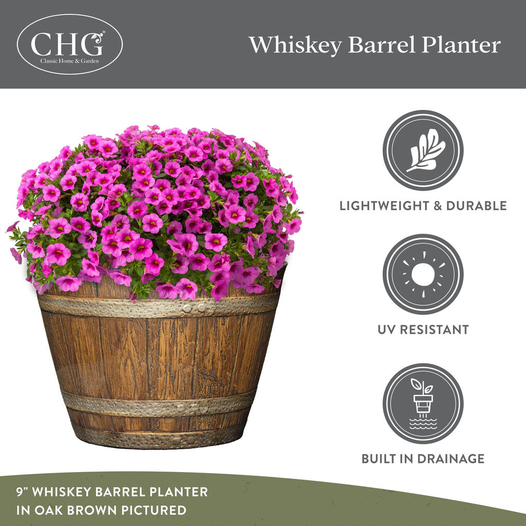 Whiskey Barrel Planters, Home Flower Garden Pots, 15" Oak Brown