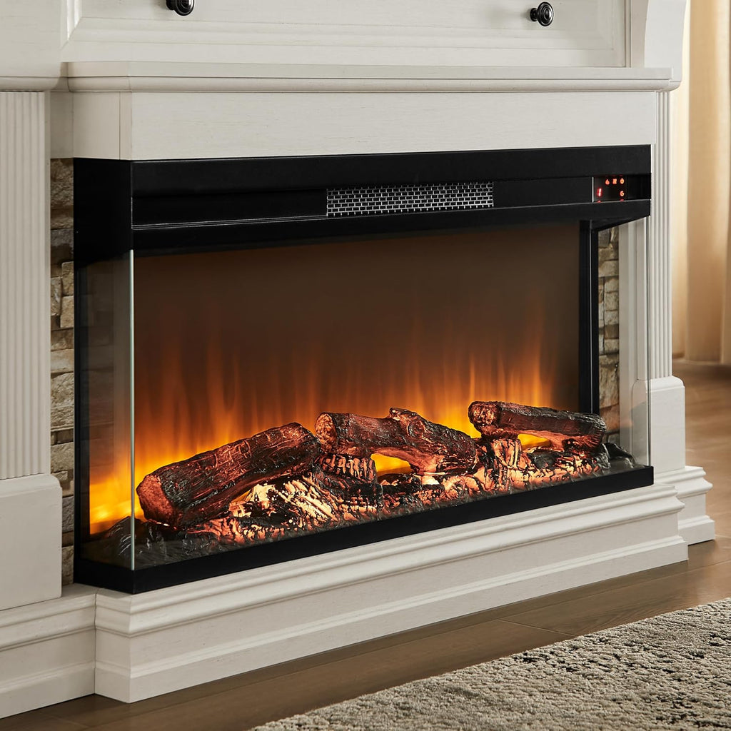 52 Inch Electric Fireplace with Mantel, Fireplace TV Stand with 36" 3-Sided Glass Electric Fireplace Heater for