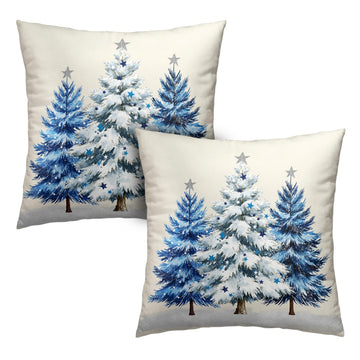 Blue Christmas Tree Pillow Covers 16x16 Set of 2 Xmas Pillow Cases