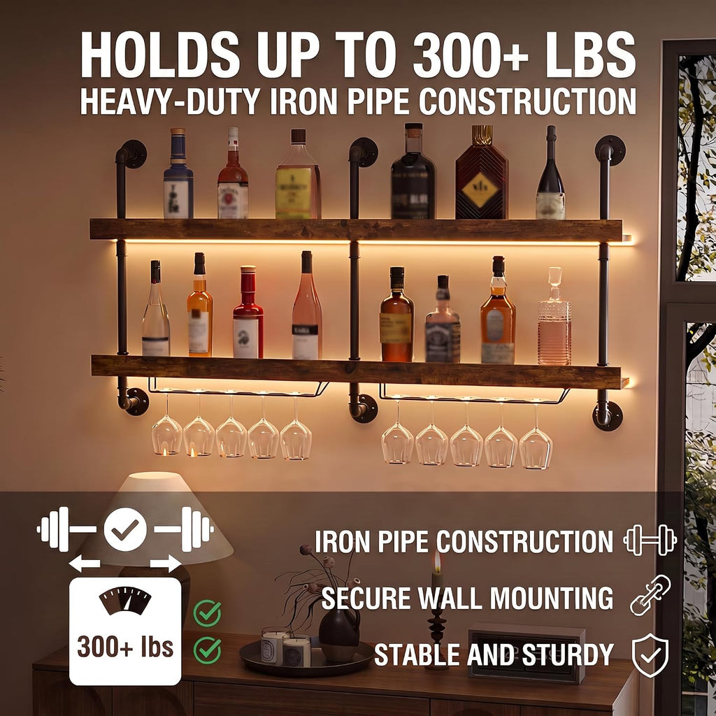 Wall Mounted Wine Rack with LED Lights, 55.1" W | 2-Tier Industrial Metal, Hanging Liquor & Wine Glass Rack, Display