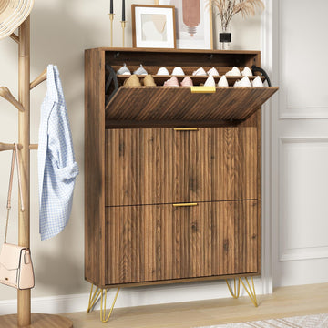 48" H Fluted Shoe Storage Cabinet with 3 Flip Drawers, Walnut ☞Hidden Shoe Cabinet Storage, Narrow Freestanding Shoe