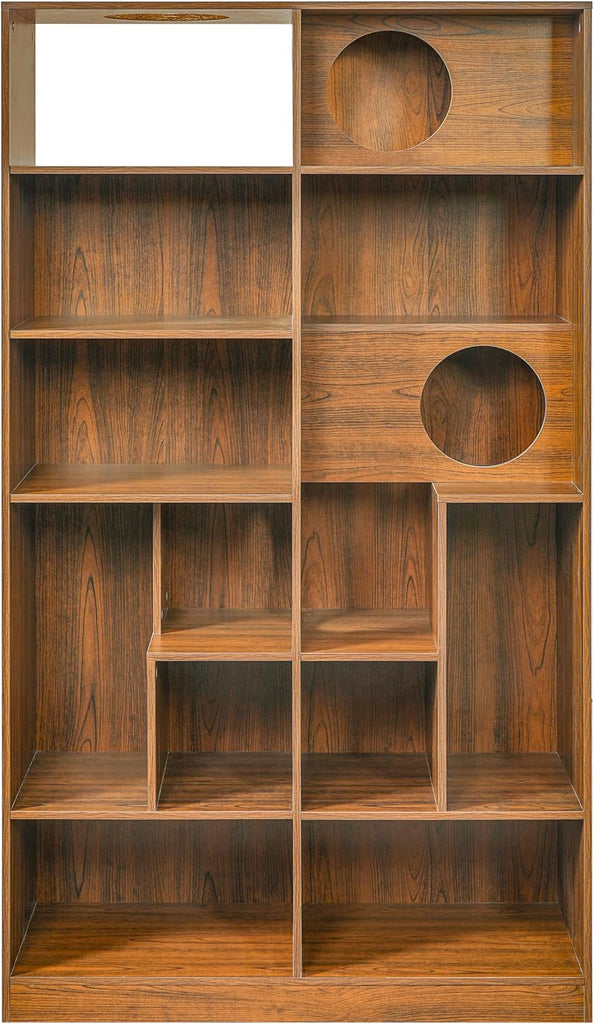 Modern Cat Climbing Bookshelf with Storage Cubes and Hidden Cat Houses, Tall Wooden Cat Tower Organizer with Pass
