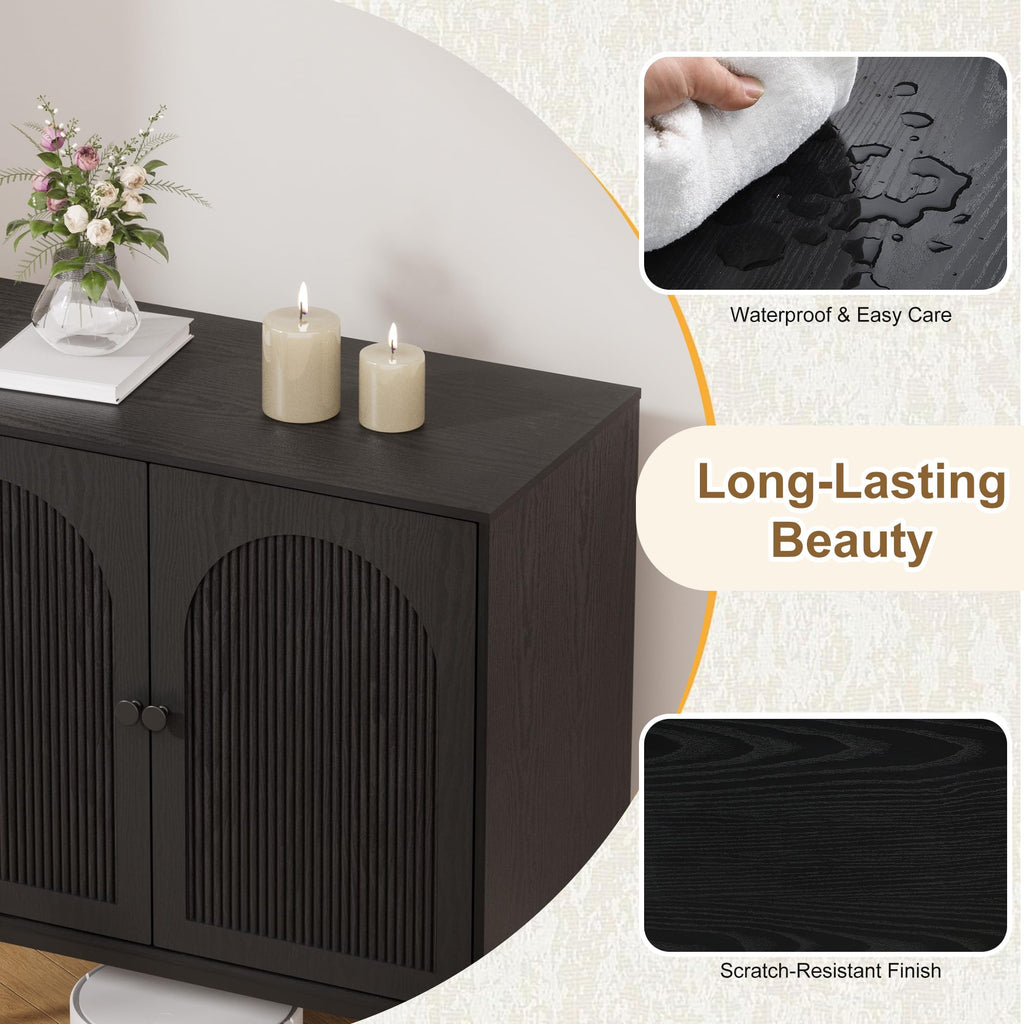 Fluted Sideboard Buffet Cabinet with Storage, Set of 3, Black