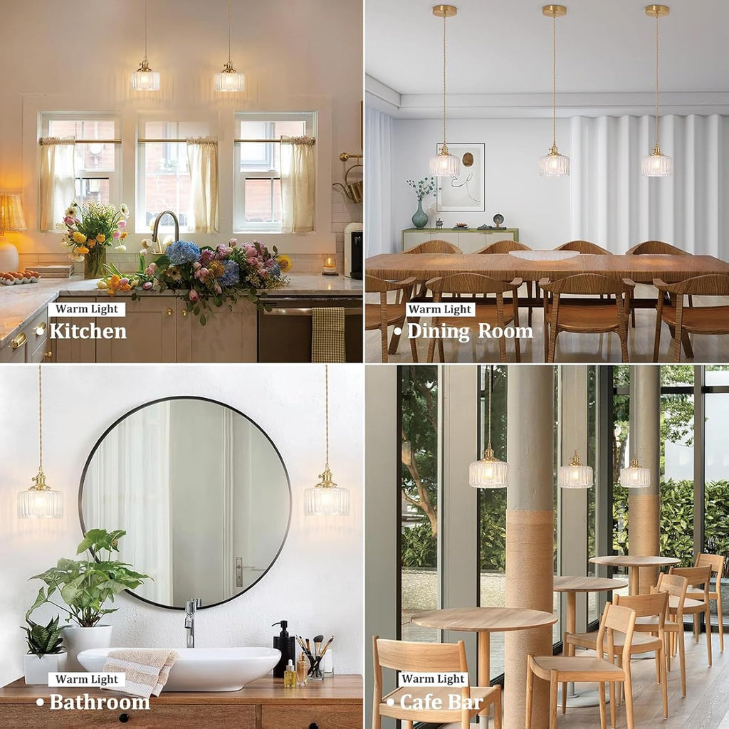 Pendant Light 2 Pack with Clear Striped Glass Lmapshade, Brass Vintage Pendant Light Adjustable Hanging Light for