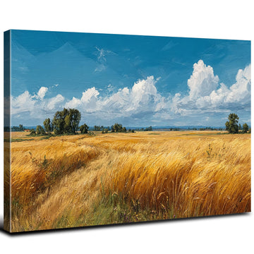 Rural Country Canvas Wall Art Golden Wheat Field Landscape Painting Rustic Farmhouse Wall Decor Countryside Scenery
