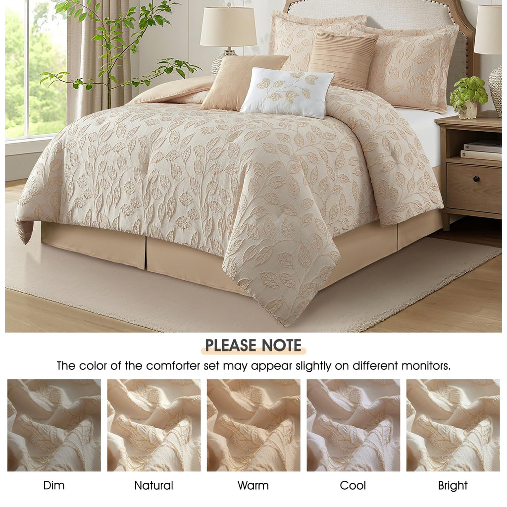 7 Pieces Beige Gold Comforter Set, Queen Size, Jacquard with Matching Solid Microfiber Piecework, 3D Leaves Texture